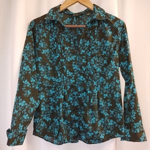 100% Cotton Teal Floral Pleated Front Blouse Size Small